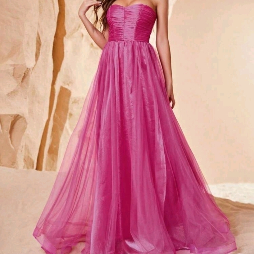 Hot Pink A Line,  Sleeveless, Strapless,Chiffon Maxi…